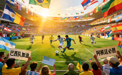 世界杯足球赛比赛现场全景 - 球员在绿茵场上激烈拼抢，看台坐满观众